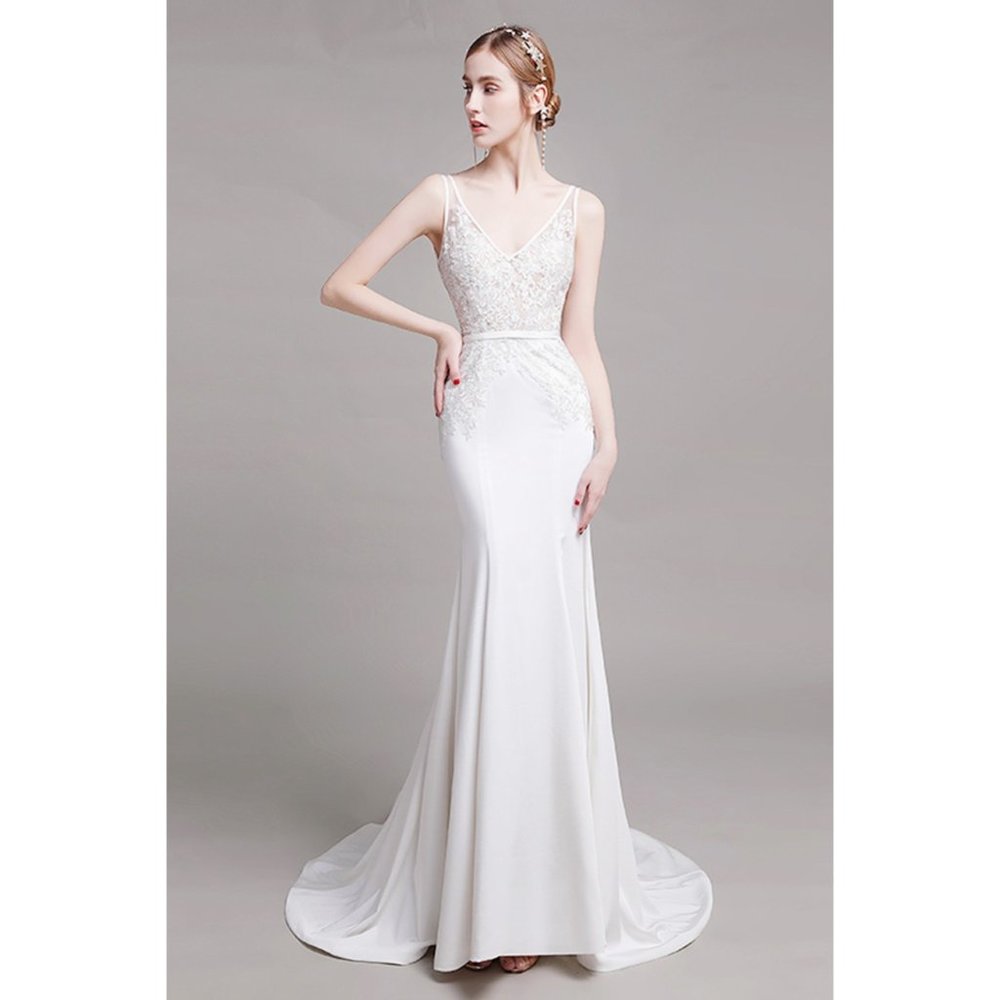 Mermaid Sweep Train Lace Stretch Satin Wedding Dress